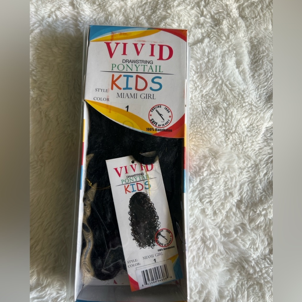VIVID Kids Miami Girl Drawstring Curly Ponytail Hair Black Color 1 NIP